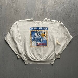 Vintage Air Mail Canada Stamp Sweatshirt Mens Large Grey 90s Impressions Canada